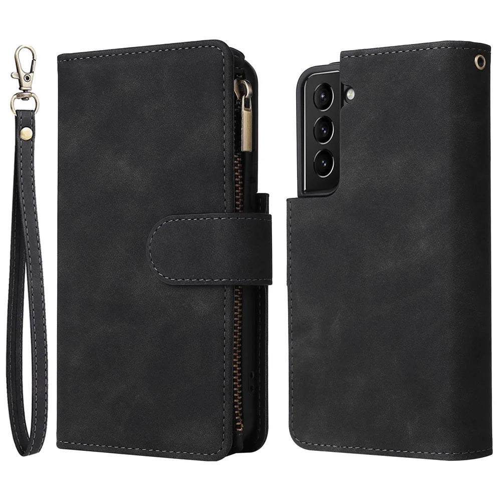 Multiple Card Slots Stand Case for Samsung Galaxy S22 5G, Wallet PU Leather Zipper Pocket Phone Cover - Black - 1