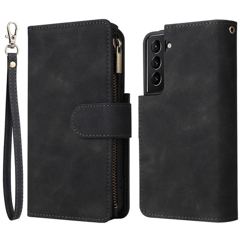 Multiple Card Slots Stand Case for Samsung Galaxy S22 5G, Wallet PU Leather Zipper Pocket Phone Cover - Black - 1