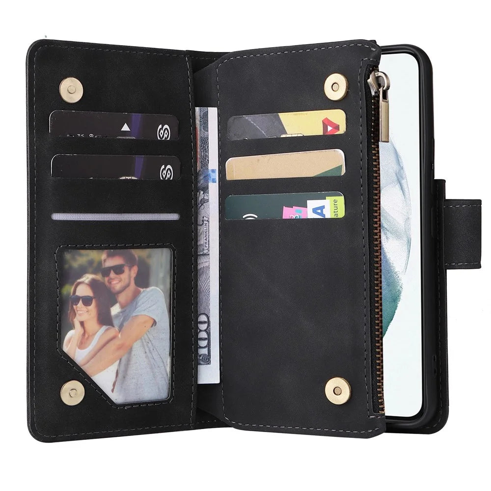 Multiple Card Slots Stand Case for Samsung Galaxy S22 5G, Wallet PU Leather Zipper Pocket Phone Cover - Black - 4