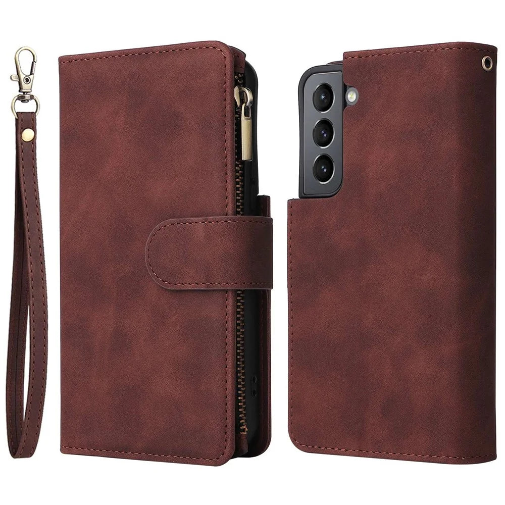 Multiple Card Slots Leather Case for Samsung Galaxy S22+ 5G, Anti-drop Wallet Stand Phone Cover with Zipper Pocket - Coffee - 1