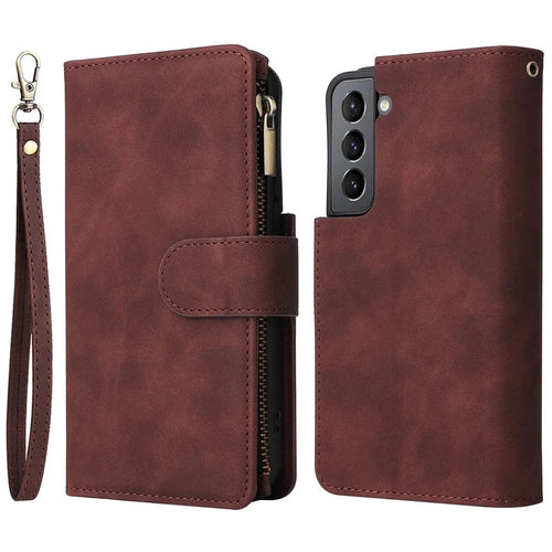 Multiple Card Slots Leather Case for Samsung Galaxy S22+ 5G, Anti-drop Wallet Stand Phone Cover with Zipper Pocket - Coffee - 1