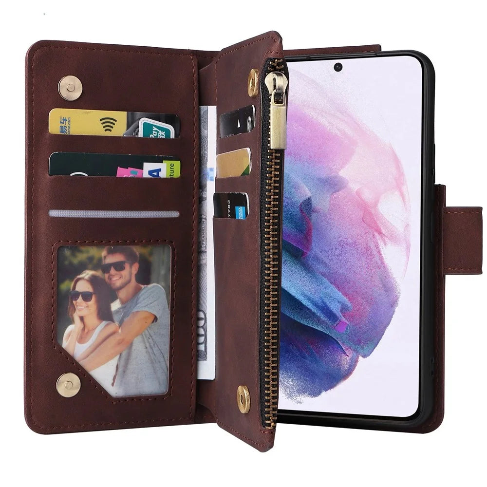 Multiple Card Slots Leather Case for Samsung Galaxy S22+ 5G, Anti-drop Wallet Stand Phone Cover with Zipper Pocket - Coffee - 2