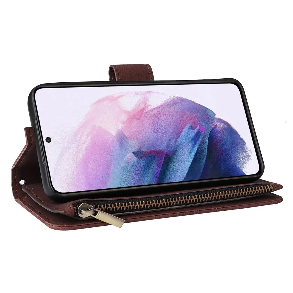 Multiple Card Slots Leather Case for Samsung Galaxy S22+ 5G, Anti-drop Wallet Stand Phone Cover with Zipper Pocket - Coffee - 3