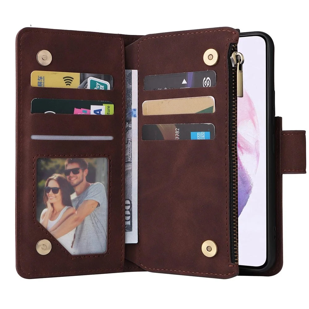 Multiple Card Slots Leather Case for Samsung Galaxy S22+ 5G, Anti-drop Wallet Stand Phone Cover with Zipper Pocket - Coffee - 4