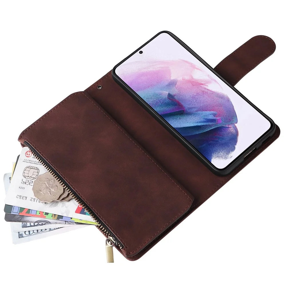 Multiple Card Slots Leather Case for Samsung Galaxy S22+ 5G, Anti-drop Wallet Stand Phone Cover with Zipper Pocket - Coffee - 5