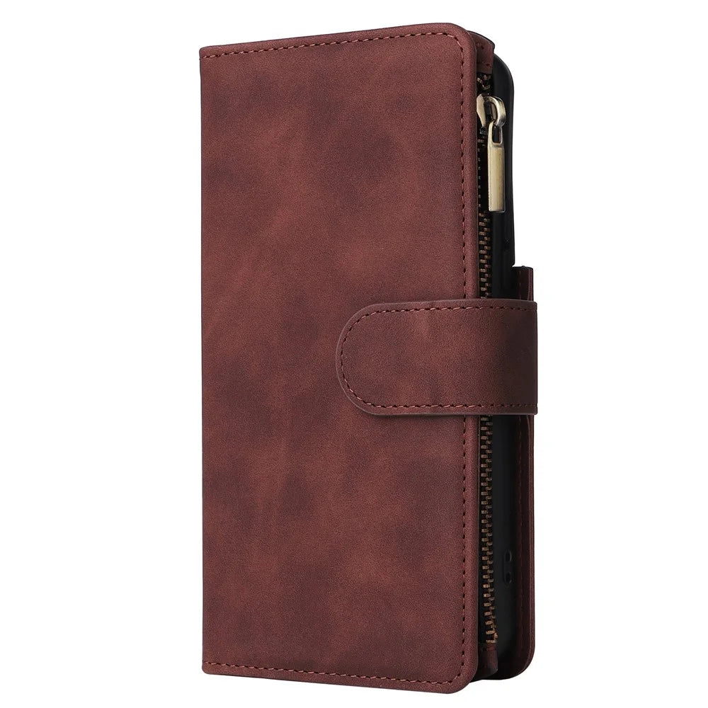 Multiple Card Slots Leather Case for Samsung Galaxy S22+ 5G, Anti-drop Wallet Stand Phone Cover with Zipper Pocket - Coffee - 6