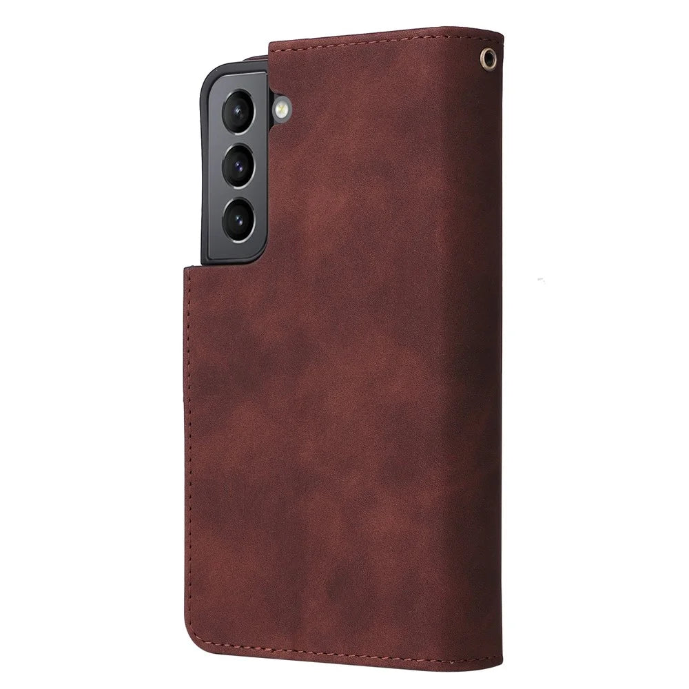 Multiple Card Slots Leather Case for Samsung Galaxy S22+ 5G, Anti-drop Wallet Stand Phone Cover with Zipper Pocket - Coffee - 7