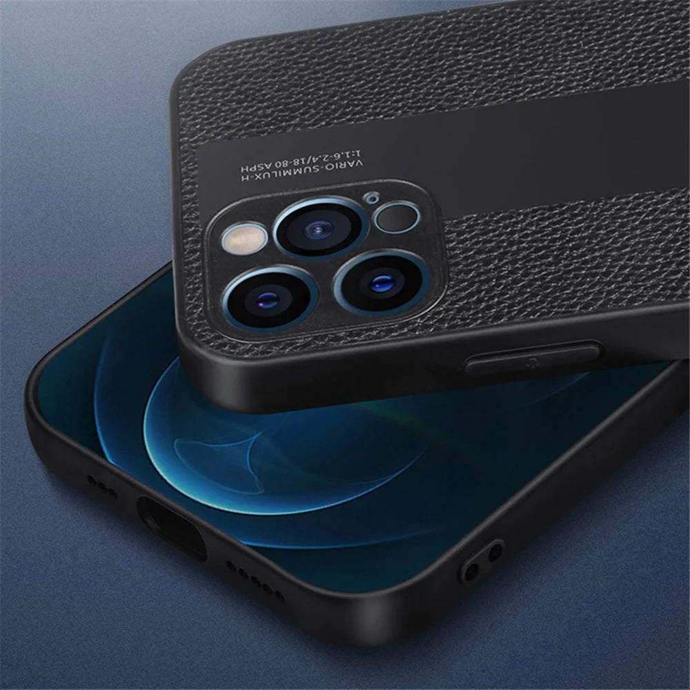 For iPhone 14 Plus Protective Case Anti-scratch Phone Cover Genuine Leather+TPU Phone Case - Black - 4