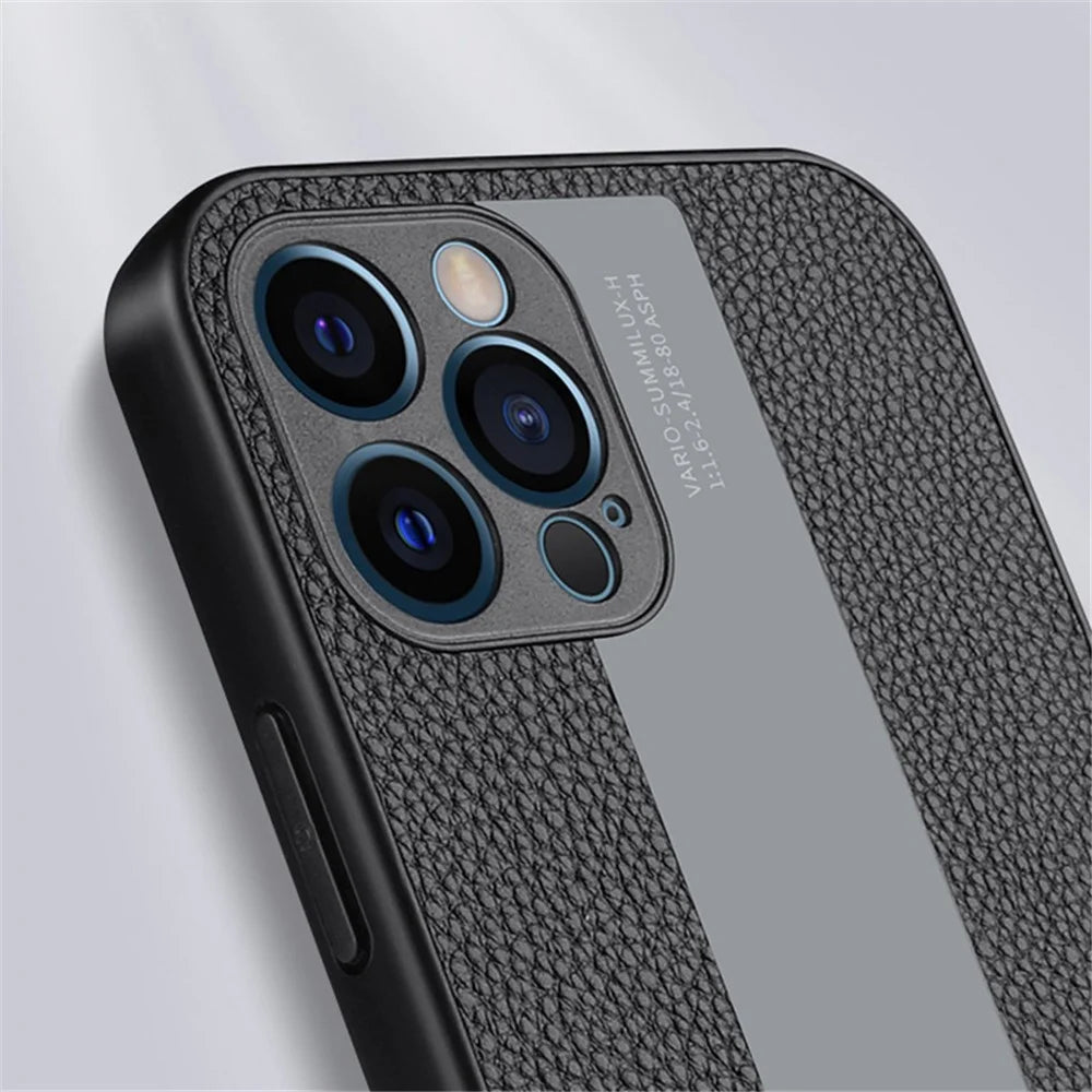 For iPhone 14 Plus Protective Case Anti-scratch Phone Cover Genuine Leather+TPU Phone Case - Black - 5