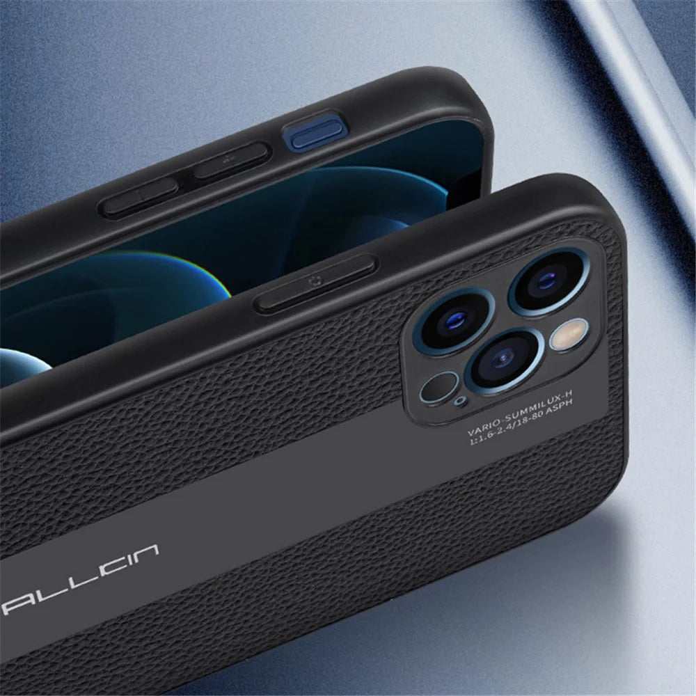 For iPhone 14 Plus Protective Case Anti-scratch Phone Cover Genuine Leather+TPU Phone Case - Black - 7