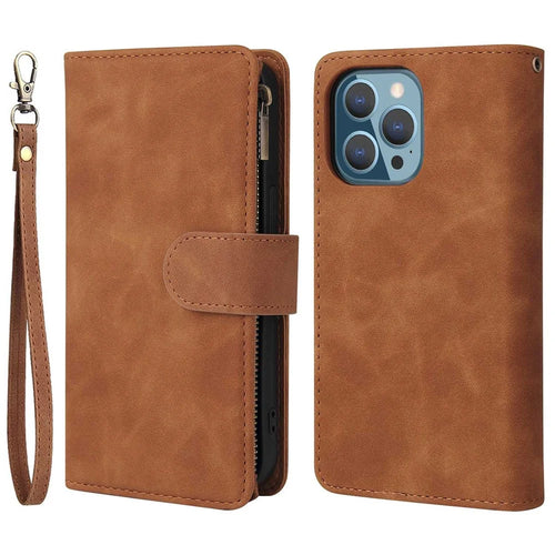 For iPhone 13 Pro 6.1 inch Zipper Pocket Design PU Leather Mobile Phone Wallet Stand Cover Multi Card Slots Drop-proof Case - Brown - 1