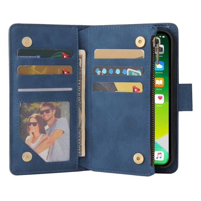 For iPhone 13 mini 5.4 inch PU Leather Phone Wallet Stand Cover Multi Card Slots Drop-proof Case with Zipper Pocket - Blue - 4