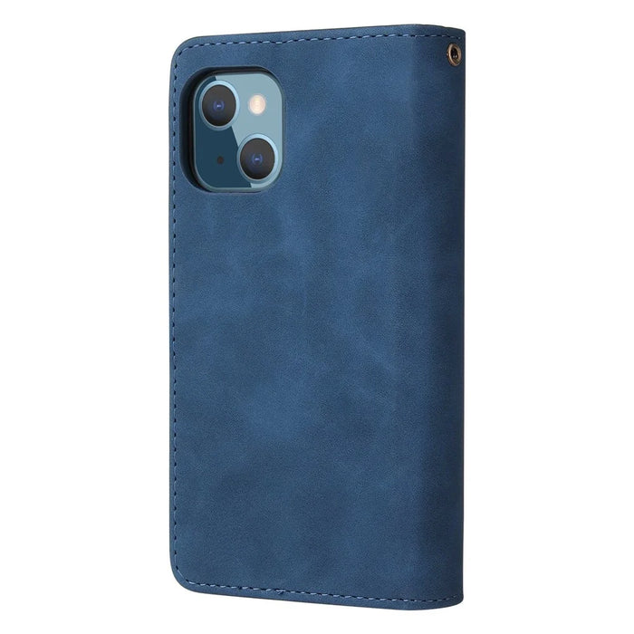 For iPhone 13 mini 5.4 inch PU Leather Phone Wallet Stand Cover Multi Card Slots Drop-proof Case with Zipper Pocket - Blue - 7