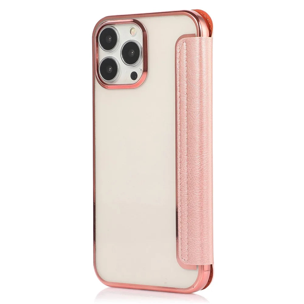 For iPhone 14 Pro Max 6.7 inch PU Leather Folio Flip Case Card Slot Clear Soft TPU Back Stand Electroplating Shell - Rose Gold - 7
