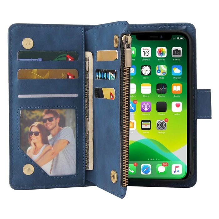 For iPhone 14 6.1 inch Zipper Pocket Design PU Leather Anti-drop Phone Cover Multiple Card Slots Wallet Stand Protective Case - Blue - 2