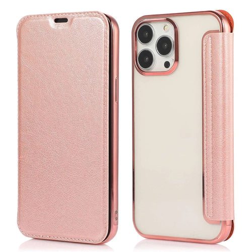 For iPhone 14 Plus Card Slot Electroplating Case PU Leather Clear TPU Back Full Protection Stand Case - Rose Gold - 1
