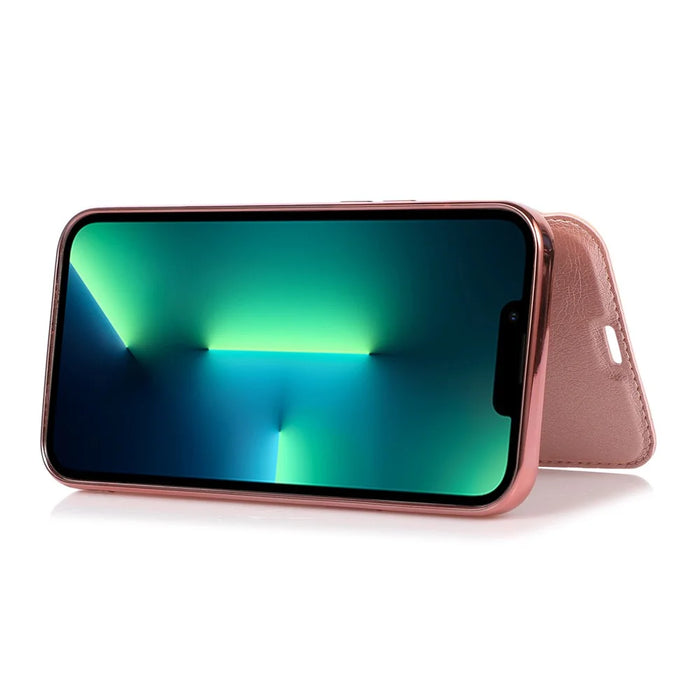 For iPhone 14 Plus Card Slot Electroplating Case PU Leather Clear TPU Back Full Protection Stand Case - Rose Gold - 3