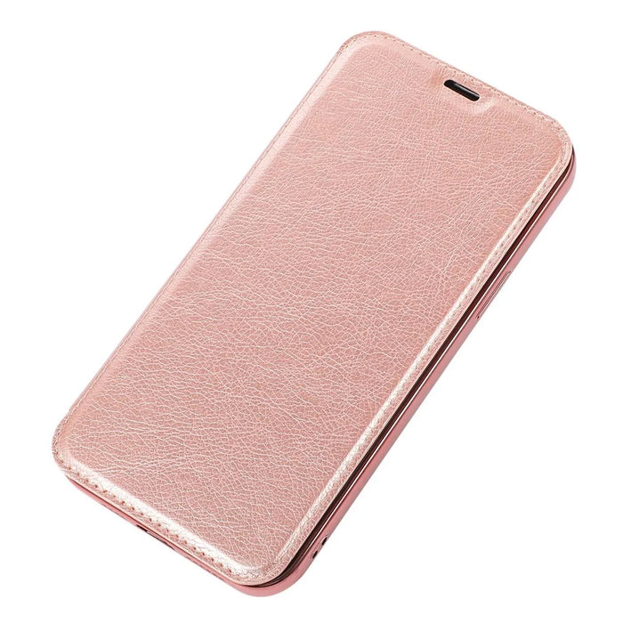 For iPhone 14 Plus Card Slot Electroplating Case PU Leather Clear TPU Back Full Protection Stand Case - Rose Gold - 5