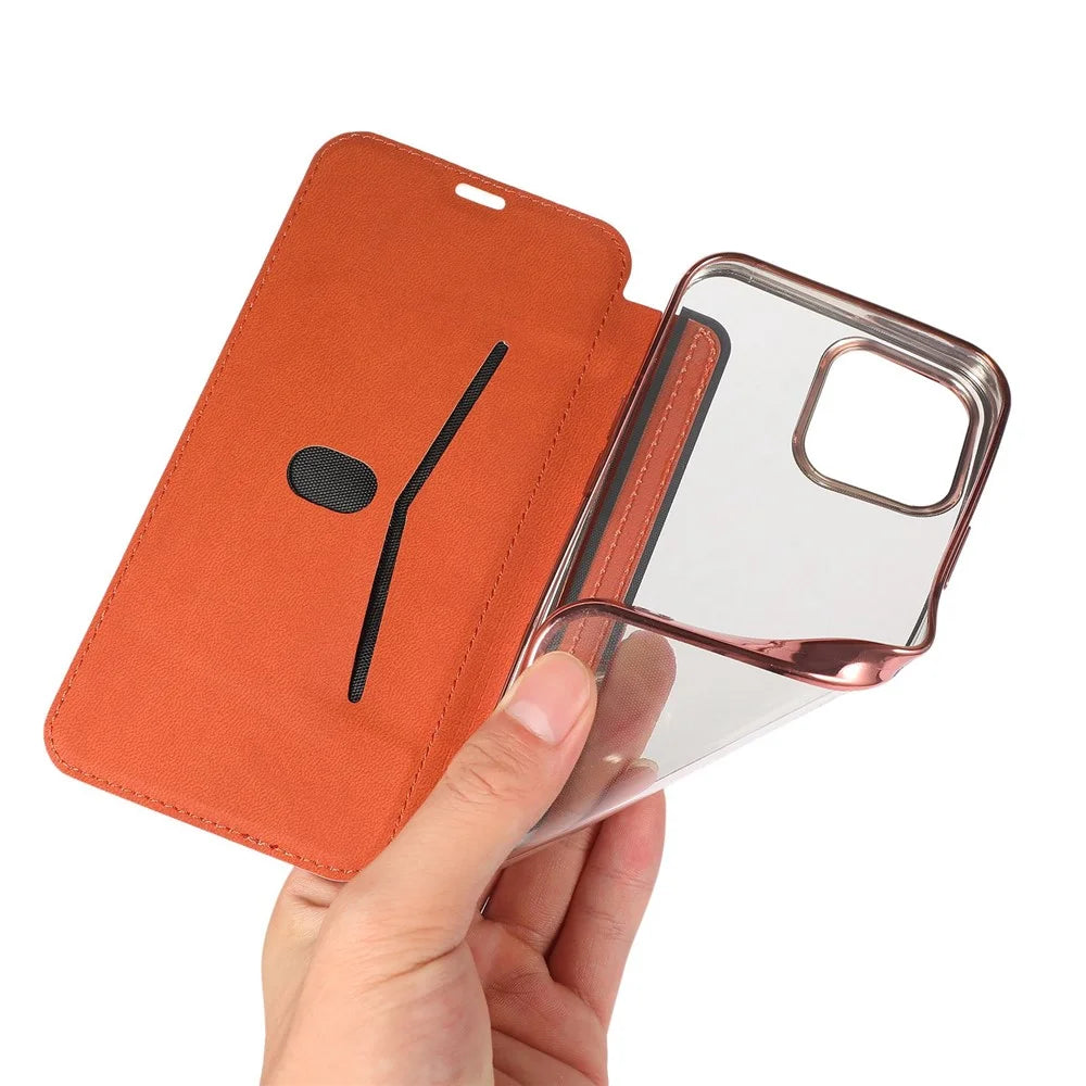 For iPhone 14 Pro 6.1 inch PU Leather Folio Electroplating Case Transparent TPU Back Stand Flip Cover with Card Slot - Rose Gold - 4