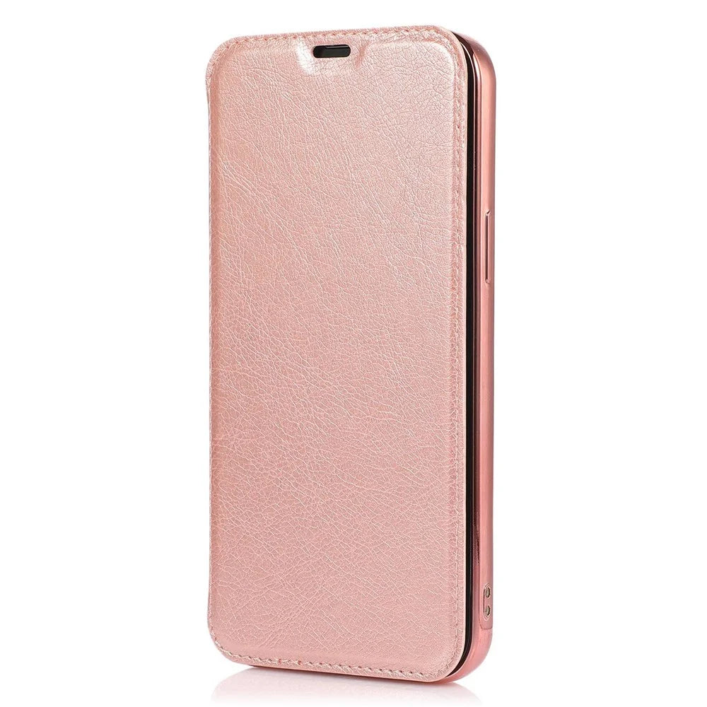For iPhone 14 Pro 6.1 inch PU Leather Folio Electroplating Case Transparent TPU Back Stand Flip Cover with Card Slot - Rose Gold - 6