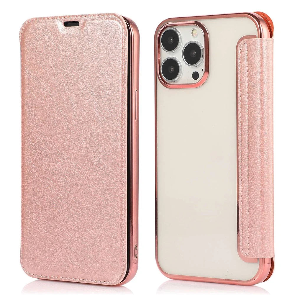 For iPhone 14 6.1 inch PU Leather Flip Case Transparent TPU Back Stand Function Electroplating Cover with Card Holder - Rose Gold - 1