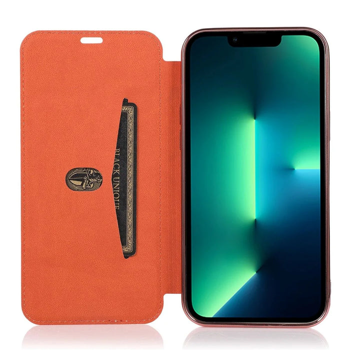 For iPhone 14 6.1 inch PU Leather Flip Case Transparent TPU Back Stand Function Electroplating Cover with Card Holder - Rose Gold - 2