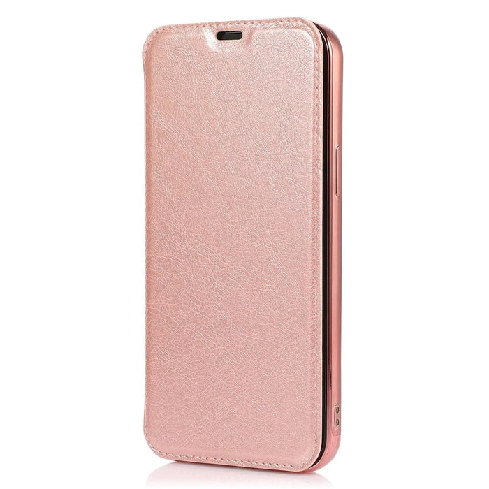 For iPhone 14 6.1 inch PU Leather Flip Case Transparent TPU Back Stand Function Electroplating Cover with Card Holder - Rose Gold - 6