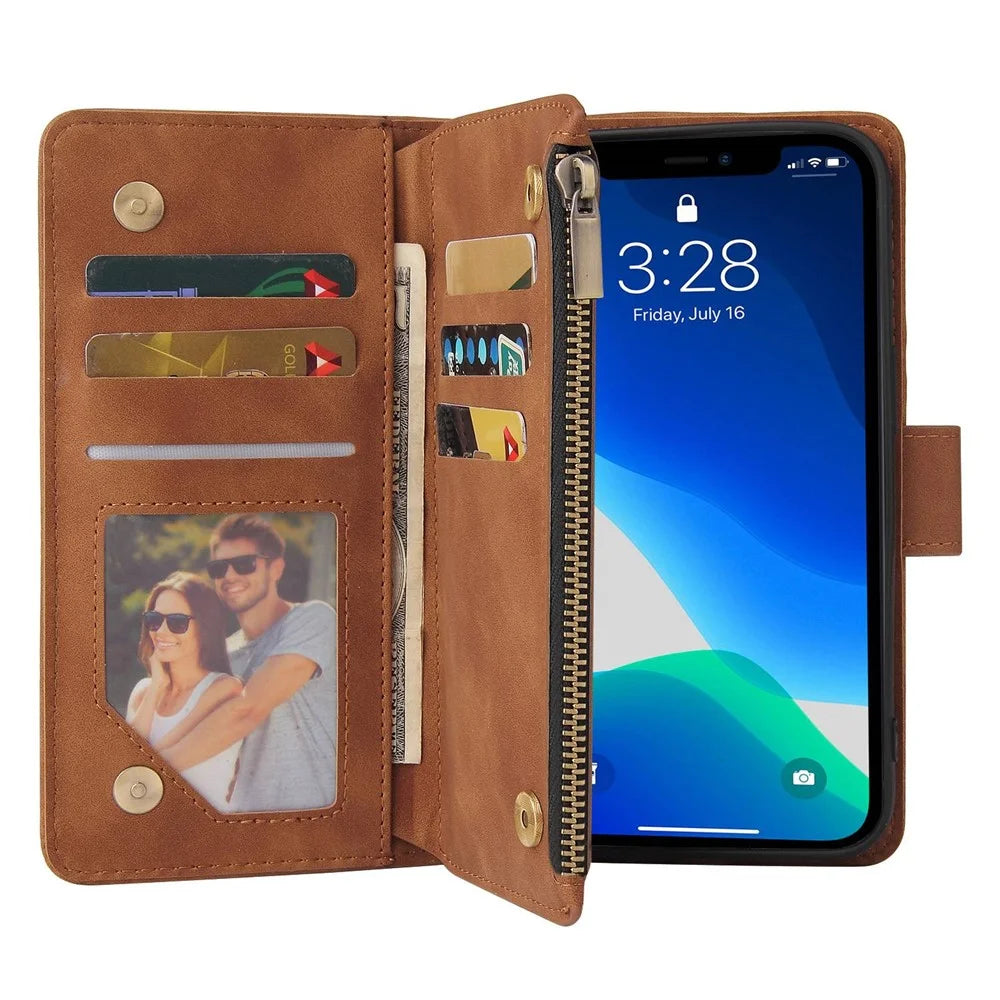 For iPhone 14 Pro Max 6.7 inch PU Leather Anti-drop Phone Cover Card Holder Wallet Stand Protective Case with Zipper Pocket - Brown - 2