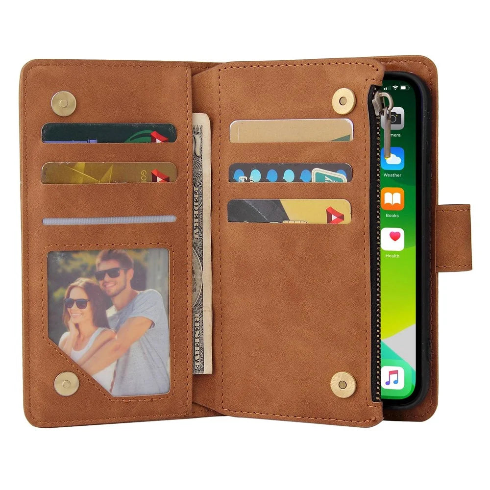 For iPhone 14 Pro Max 6.7 inch PU Leather Anti-drop Phone Cover Card Holder Wallet Stand Protective Case with Zipper Pocket - Brown - 4
