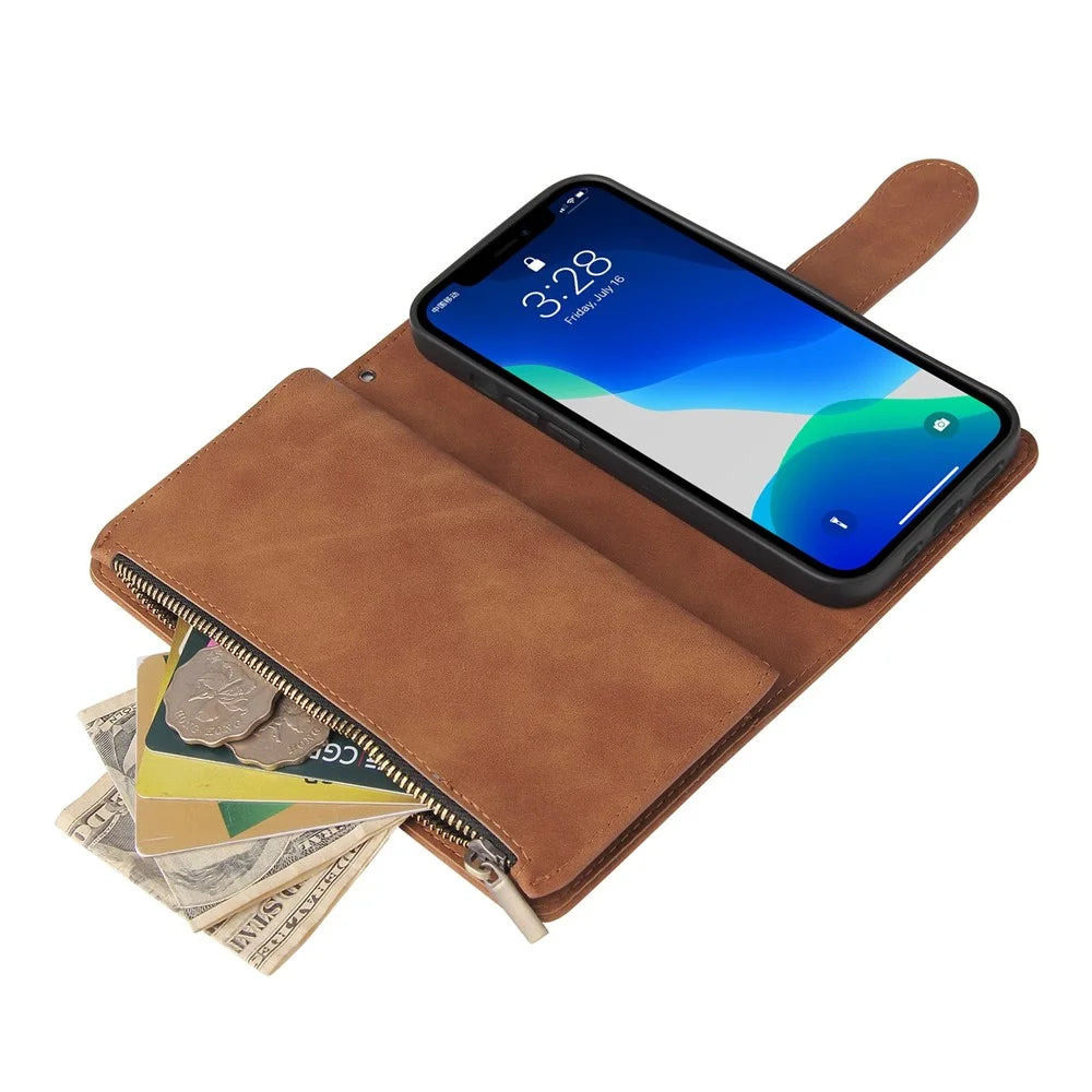 For iPhone 14 Pro Max 6.7 inch PU Leather Anti-drop Phone Cover Card Holder Wallet Stand Protective Case with Zipper Pocket - Brown - 5