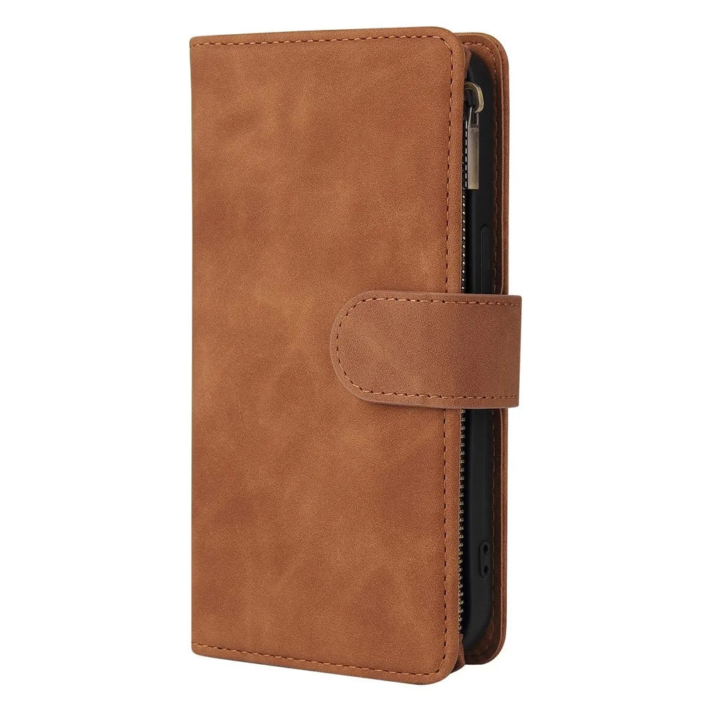 For iPhone 14 Pro Max 6.7 inch PU Leather Anti-drop Phone Cover Card Holder Wallet Stand Protective Case with Zipper Pocket - Brown - 6