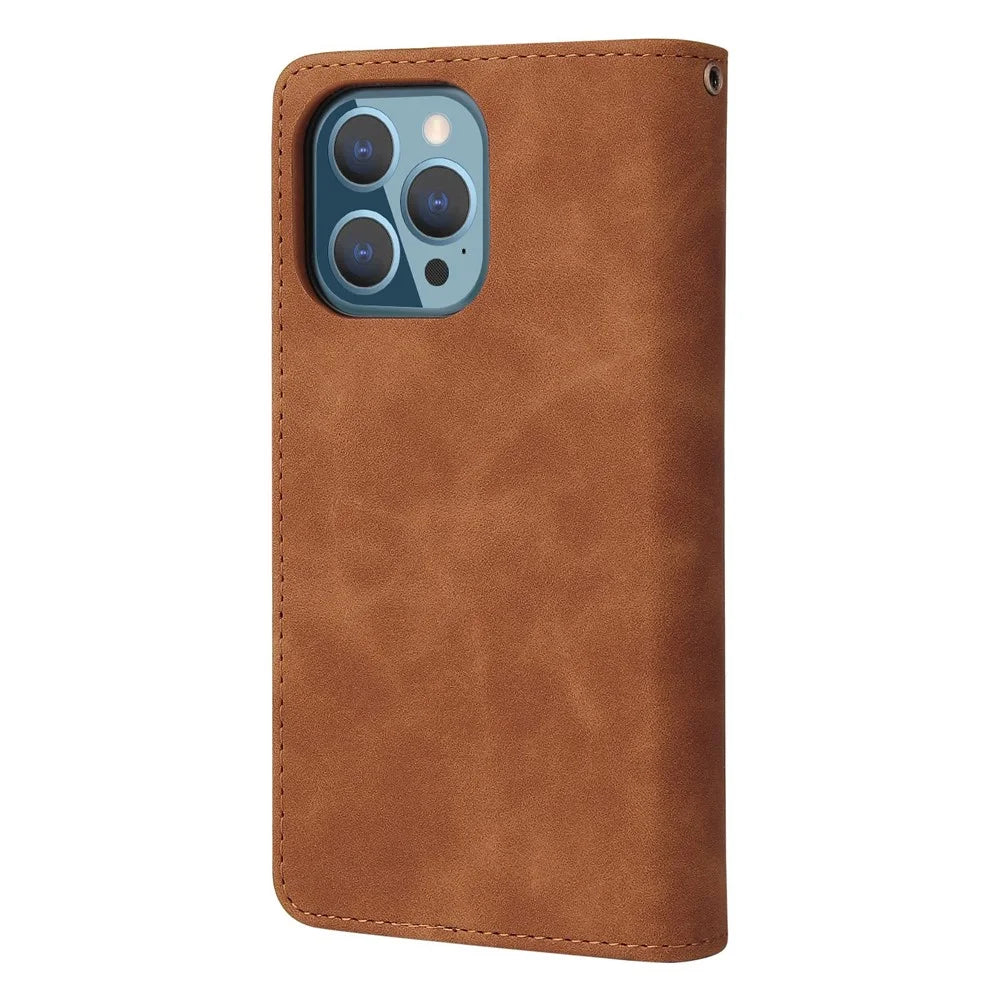 For iPhone 14 Pro Max 6.7 inch PU Leather Anti-drop Phone Cover Card Holder Wallet Stand Protective Case with Zipper Pocket - Brown - 7