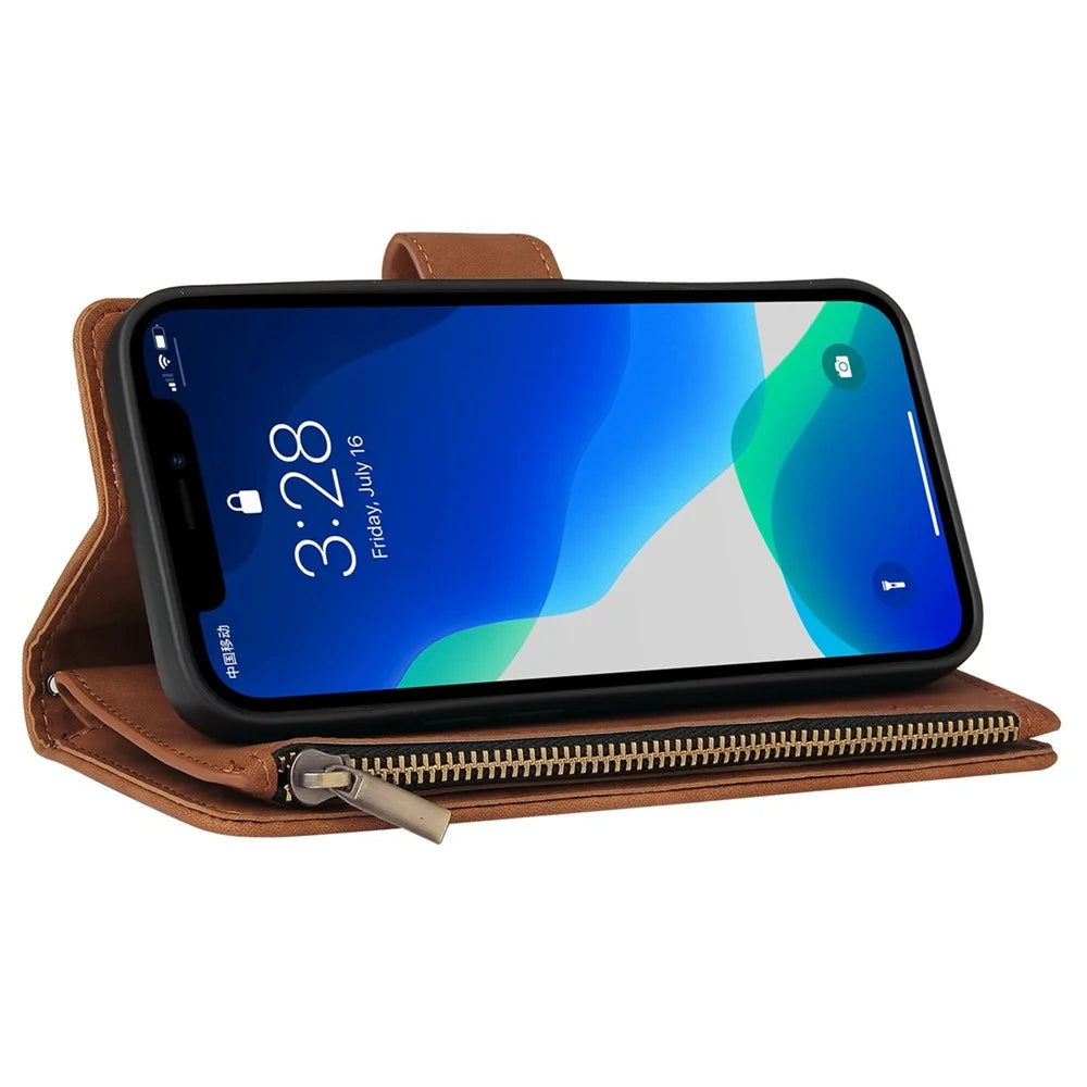 For iPhone 14 Pro 6.1 inch Zipper Pocket Design PU Leather Cover Multiple Card Slots Phone Wallet Stand Anti-drop Case - Brown - 3