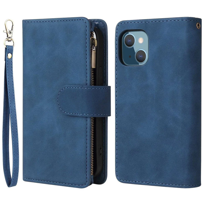 For iPhone 14 Plus Zipper Pocket Card Slots Design PU Leather Phone Cover Wallet Stand Drop-proof Case - Blue - 1