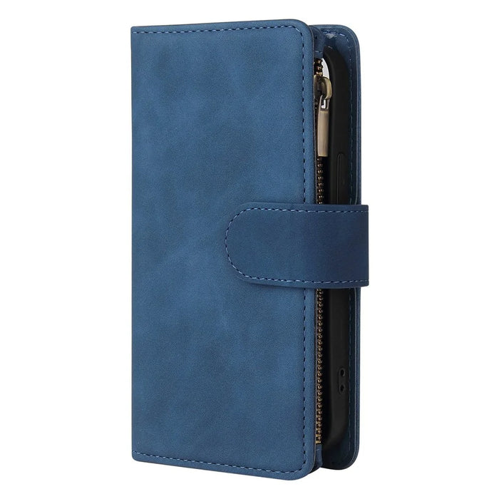 For iPhone 14 Plus Zipper Pocket Card Slots Design PU Leather Phone Cover Wallet Stand Drop-proof Case - Blue - 6