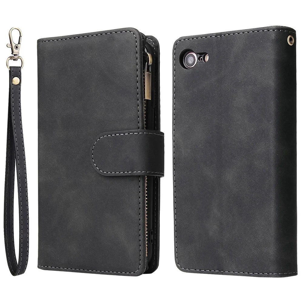 For iPhone 6 / 7 / 8 4.7 inch / SE (2020) / (2022) Multiple Card Slots Stand Case PU Leather Zipper Pocket Phone Wallet Cover - Black - 1