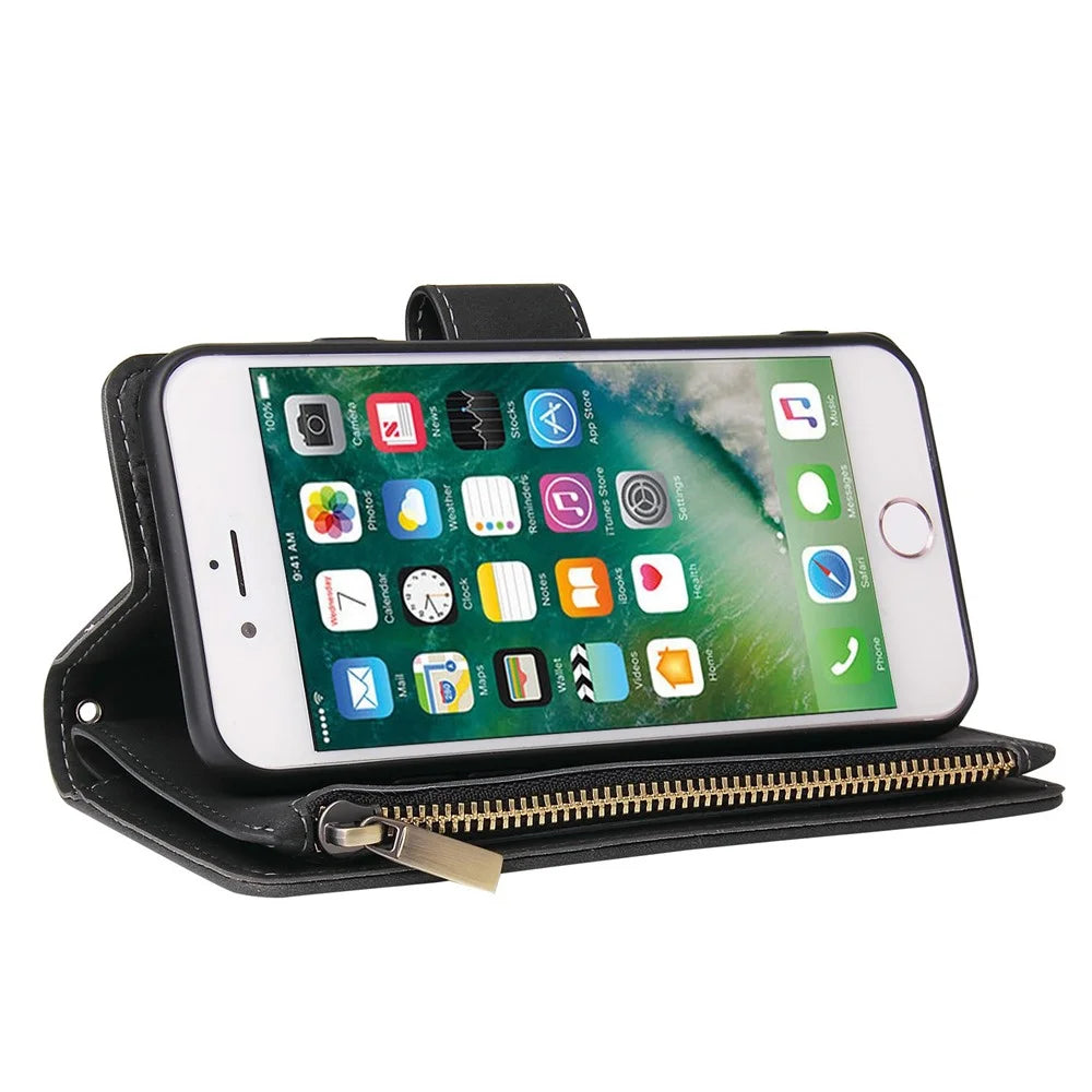 For iPhone 6 / 7 / 8 4.7 inch / SE (2020) / (2022) Multiple Card Slots Stand Case PU Leather Zipper Pocket Phone Wallet Cover - Black - 3