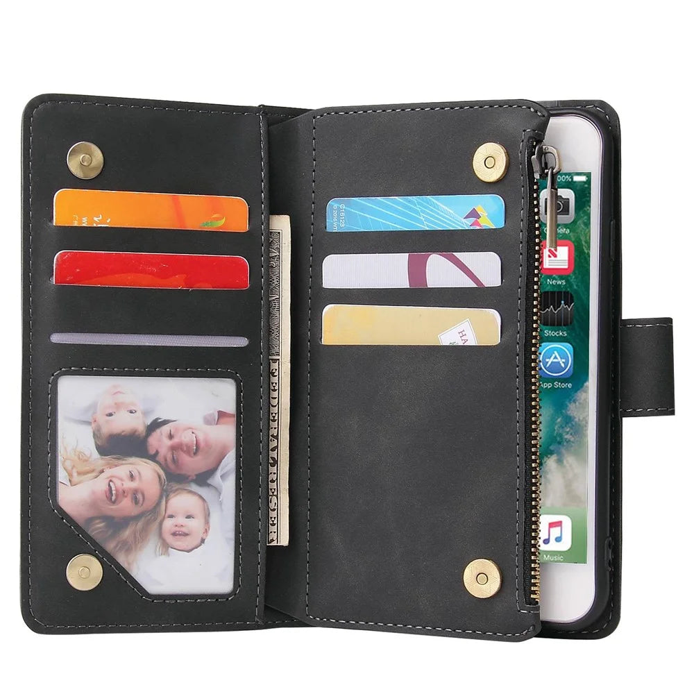 For iPhone 6 / 7 / 8 4.7 inch / SE (2020) / (2022) Multiple Card Slots Stand Case PU Leather Zipper Pocket Phone Wallet Cover - Black - 4