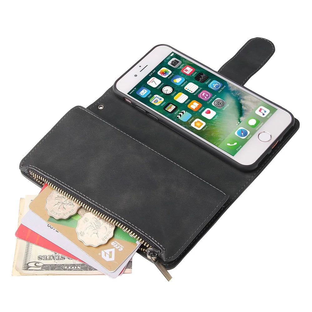 For iPhone 6 / 7 / 8 4.7 inch / SE (2020) / (2022) Multiple Card Slots Stand Case PU Leather Zipper Pocket Phone Wallet Cover - Black - 5