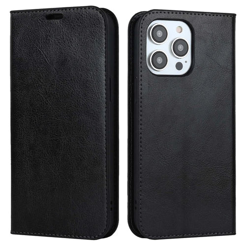 For iPhone 14 Pro Max 6.7 inch Magnetic Auto-absorbed Phone Case Crazy Horse Texture Genuine Leather Wallet Stand Folio Cover - Black - 1