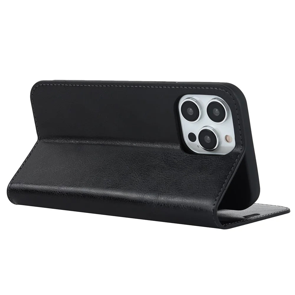 For iPhone 14 Pro Max 6.7 inch Magnetic Auto-absorbed Phone Case Crazy Horse Texture Genuine Leather Wallet Stand Folio Cover - Black - 4