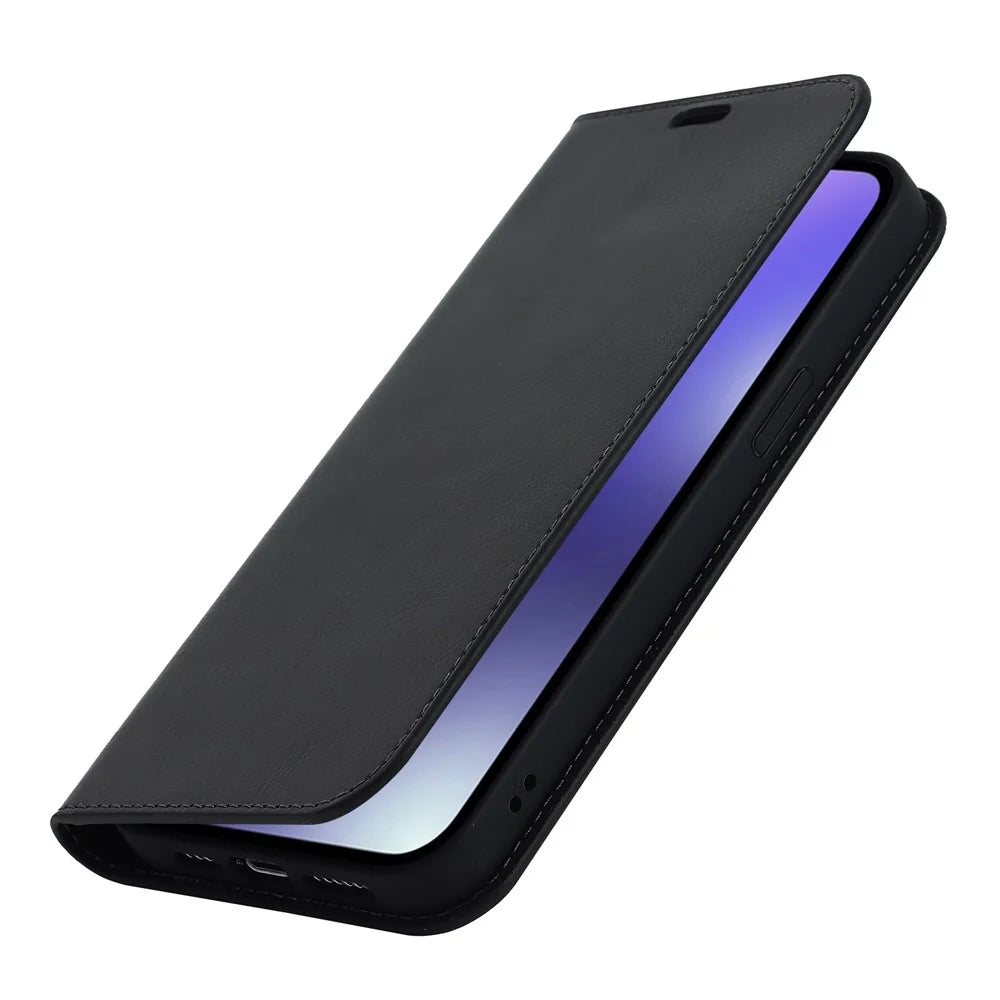 For iPhone 14 Pro Max 6.7 inch Magnetic Auto-absorbed Phone Case Crazy Horse Texture Genuine Leather Wallet Stand Folio Cover - Black - 6