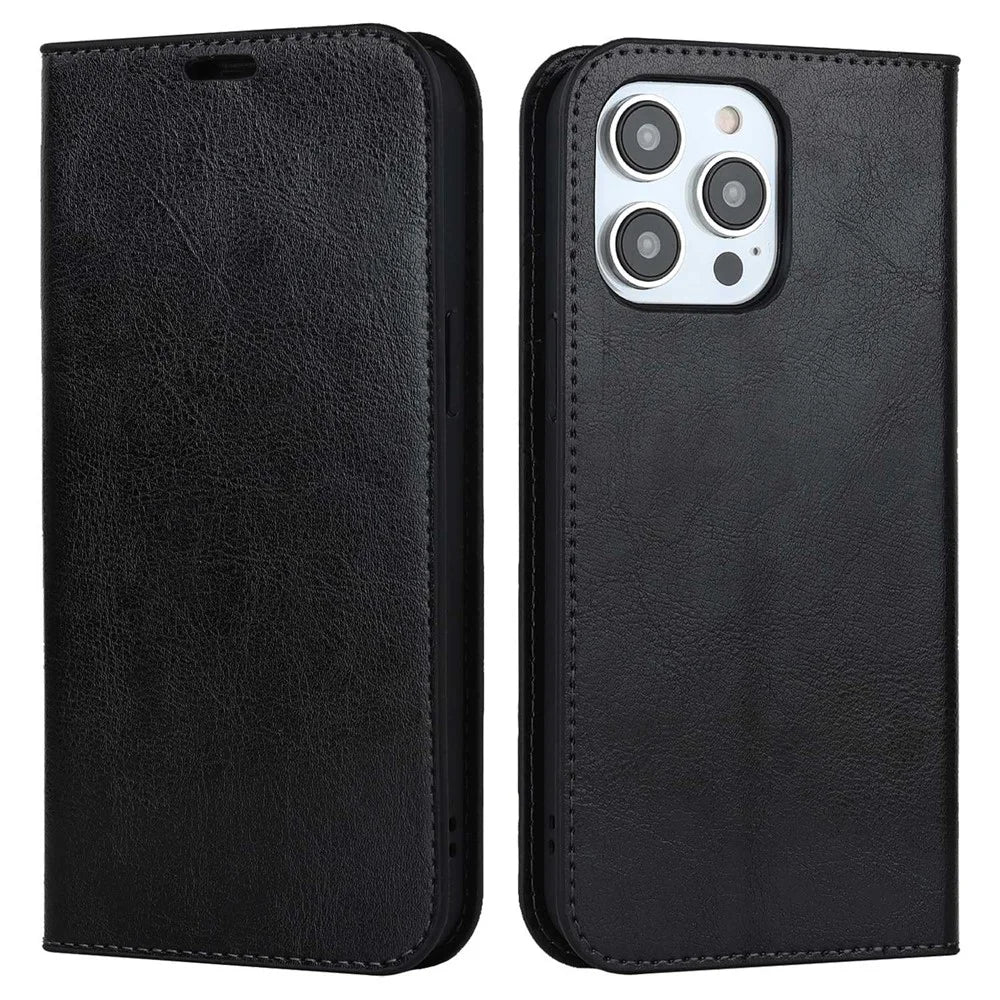 For iPhone 14 Pro 6.1 inch Genuine Leather Wallet Folio Case Crazy Horse Texture Magnetic Absorption Stand Cover - Black - 1
