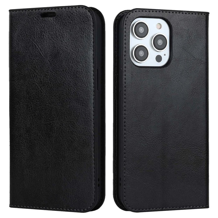 For iPhone 14 Pro 6.1 inch Genuine Leather Wallet Folio Case Crazy Horse Texture Magnetic Absorption Stand Cover - Black - 1