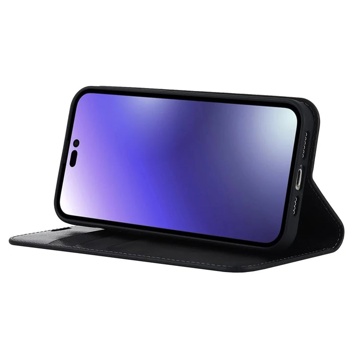 For iPhone 14 Pro 6.1 inch Genuine Leather Wallet Folio Case Crazy Horse Texture Magnetic Absorption Stand Cover - Black - 3