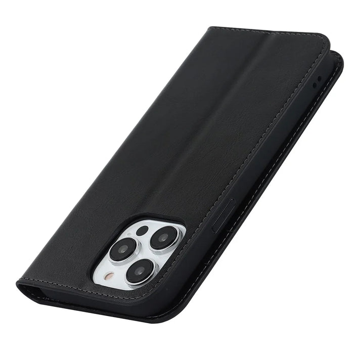For iPhone 14 Pro 6.1 inch Genuine Leather Wallet Folio Case Crazy Horse Texture Magnetic Absorption Stand Cover - Black - 7