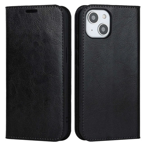 For iPhone 14 6.1 inch Genuine Leather Magnetic Absorption Phone Case Crazy Horse Texture Shockproof TPU Interior Shell Flip Stand Wallet Cover - Black - 1