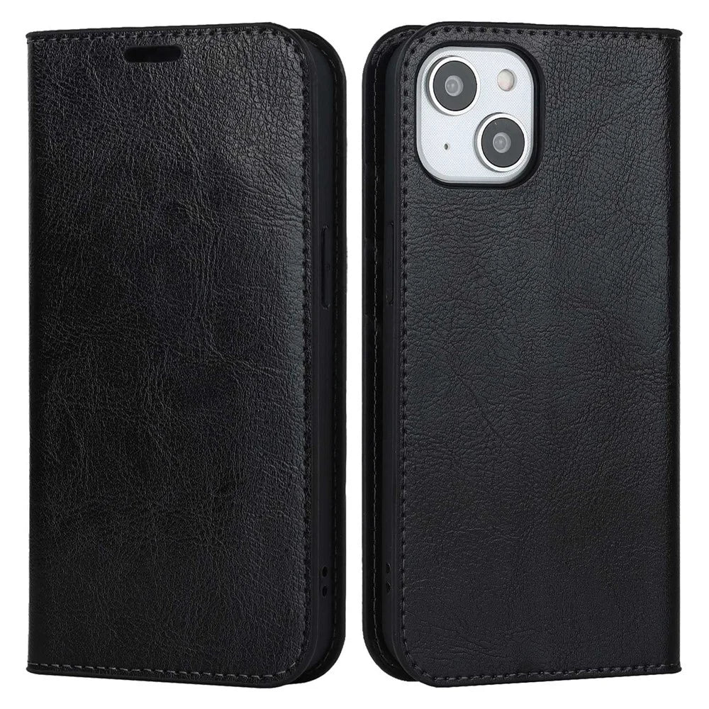 For iPhone 14 Plus Crazy Horse Texture Genuine Leather Wallet Case Stand Magnetic Auto-absorbed Folio Cover - Black - 1