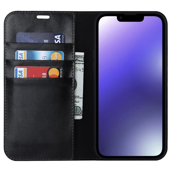 For iPhone 14 Plus Crazy Horse Texture Genuine Leather Wallet Case Stand Magnetic Auto-absorbed Folio Cover - Black - 2