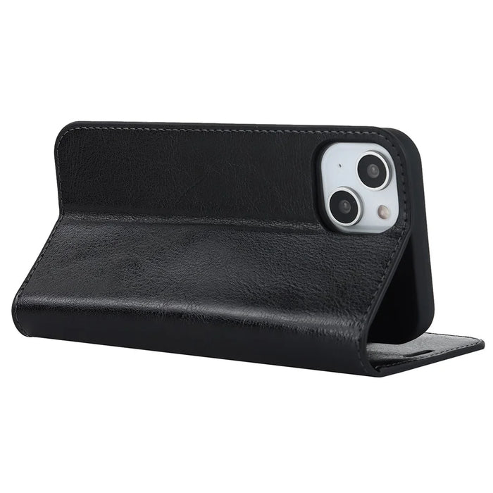 For iPhone 14 Plus Crazy Horse Texture Genuine Leather Wallet Case Stand Magnetic Auto-absorbed Folio Cover - Black - 4
